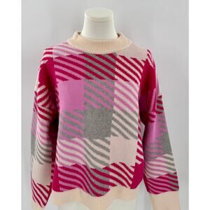 THML Ivory Pink Gray Sweater Large Plaid Check Pullover Large Cabincore Cozy